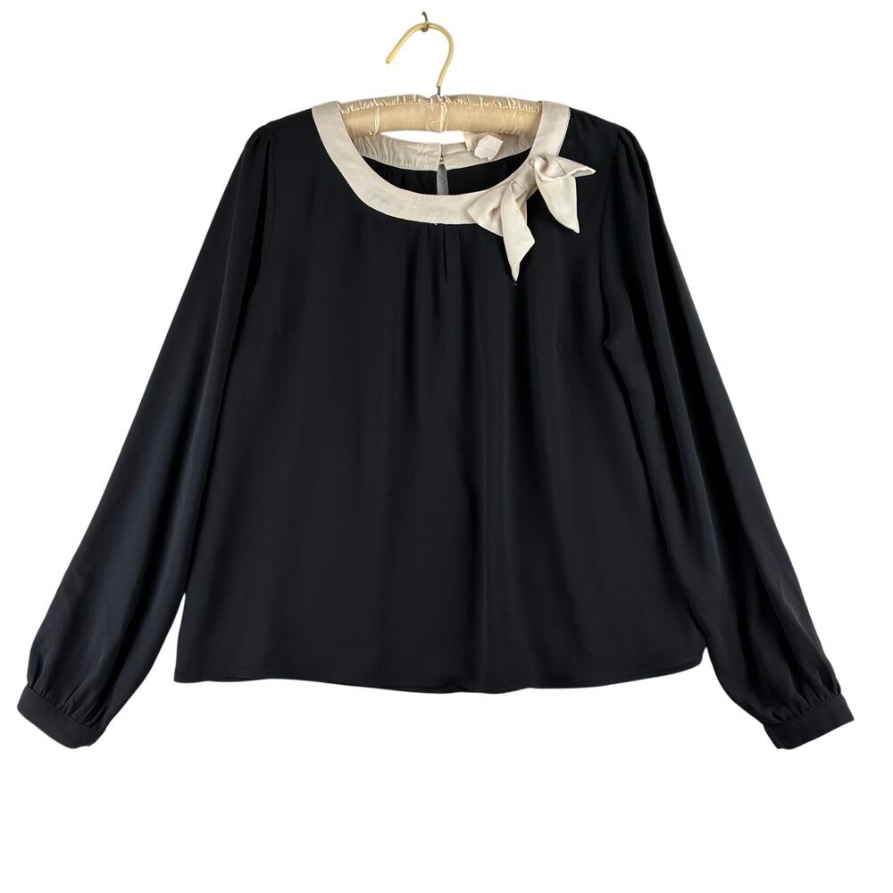 One Clothing Los Angeles Long Sleeve Chiffon Blouse Women Medium Black Ivory Bow